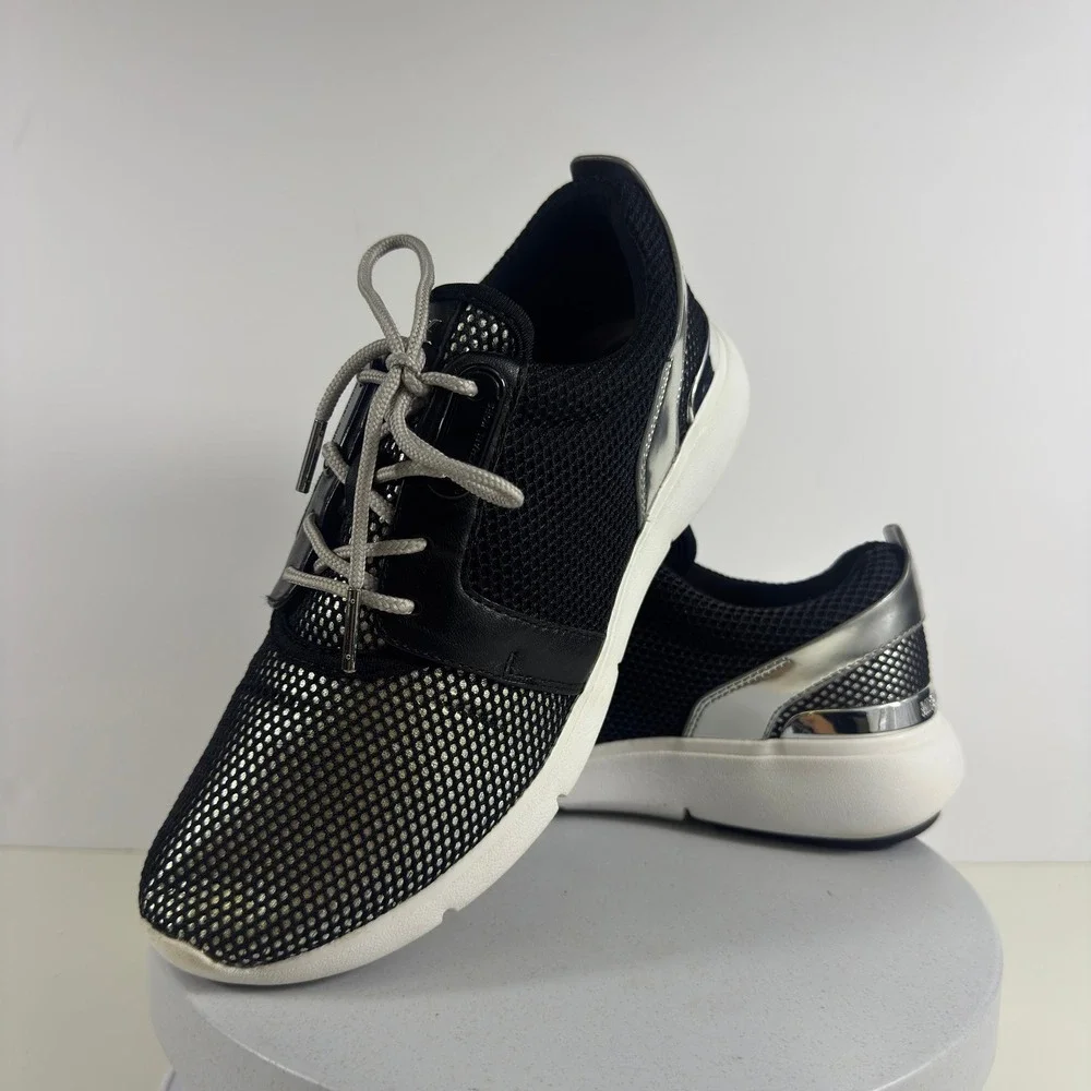 Michael Kors Allie Trainer Sneakers Black Silver Metallic Mesh Low Top Shoes 7